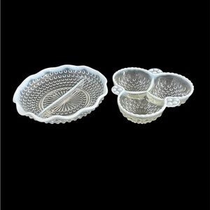 Anchor Hocking Moonstone Opalescent Hobnail 3 Part Relish & Serving Dish Set